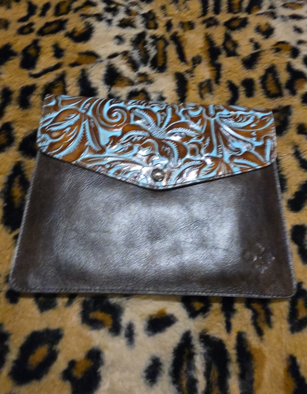 Patricia Nash Brown Leather Clutch with Turquoise Tooled Flap
